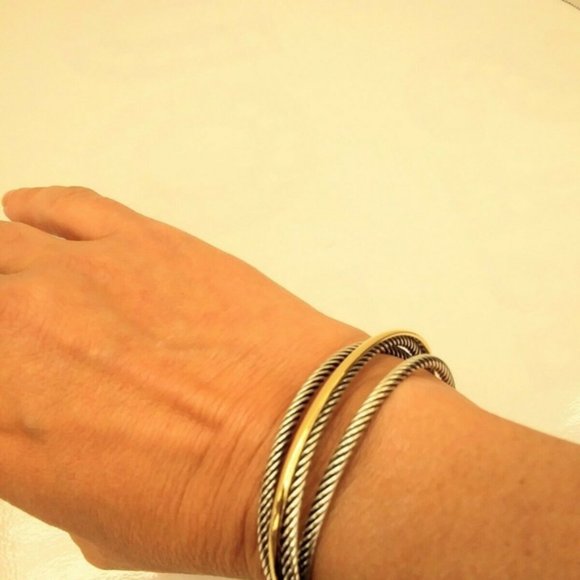 David Yurman Sterling Silver Crossover Three-row Cuff with 18k Gold Bracelet EUC - Picture 4 of 7